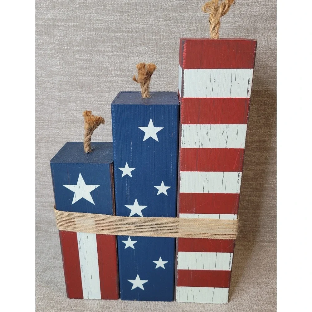 Patriotic Wood Firecracker Stack Americana 4th of July Decor Bless Our Home
